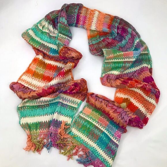 Tolani Multicolored Stripe ZigZag Pattern Ruched Fringe Scarf - Picture 3 of 12